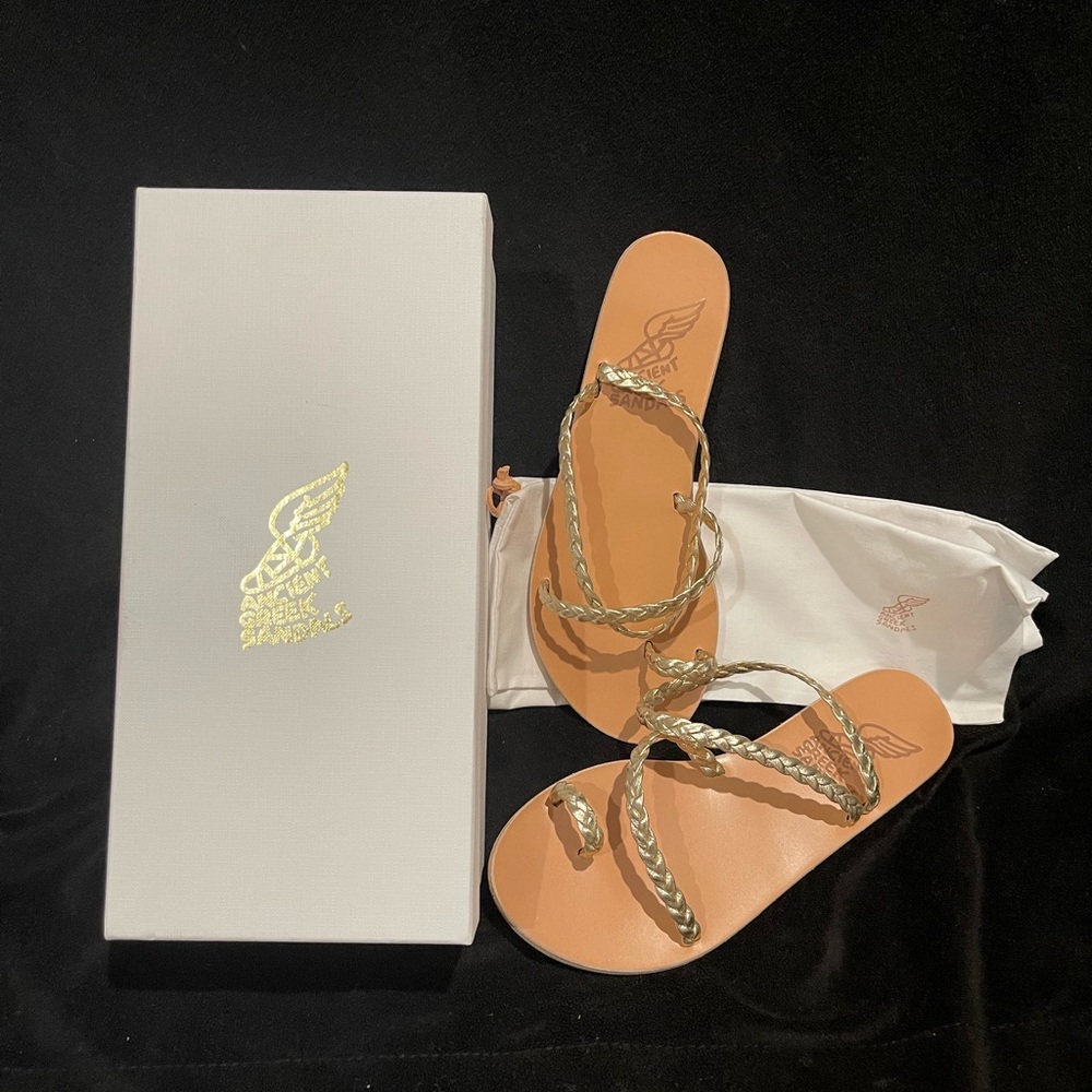 Ancient Greek Eleftheria Braided Gold Sandals Size 6.5/37 NEW!!!